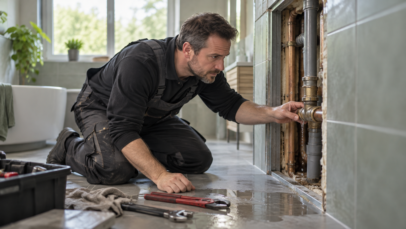 SHK-Installateur prüft eine undichte Wasserleitung im Badezimmer