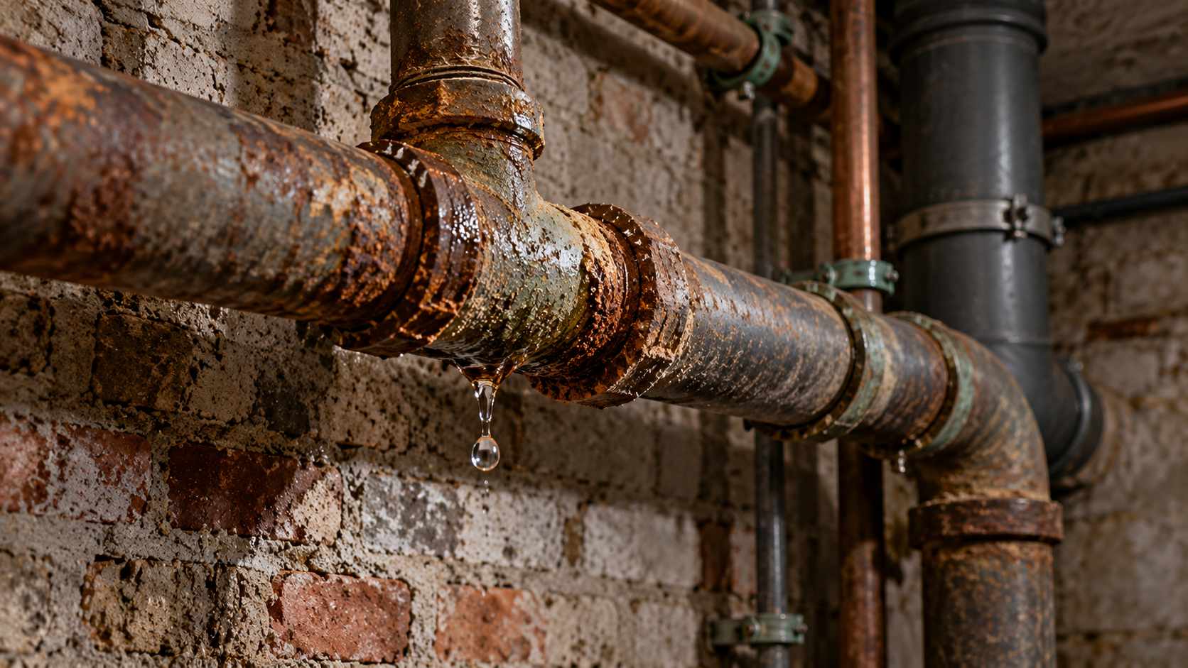 Alte rostige Wasserleitung mit Wassertropfen im Keller