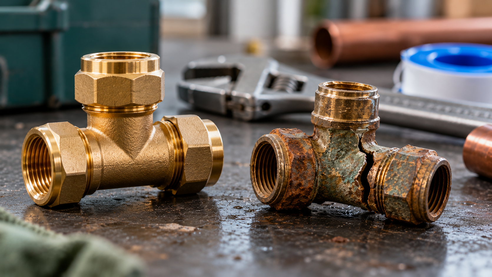 Neues und gerissenes Messing-Fitting im Vergleich